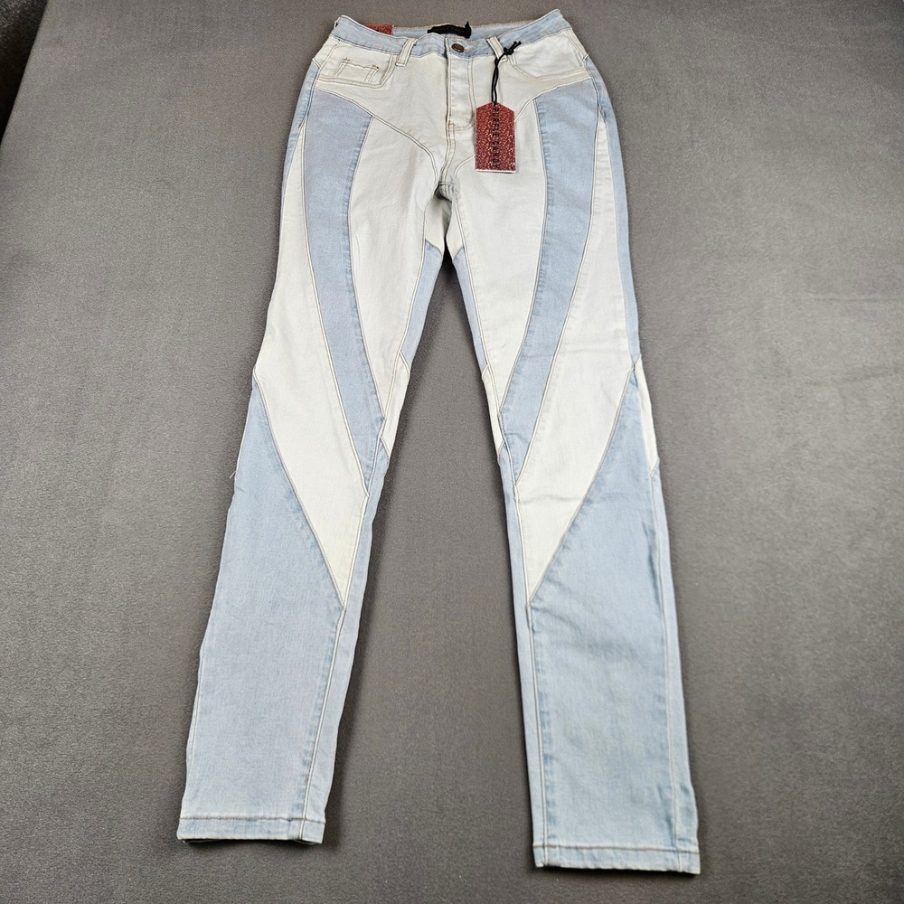 Purple Candy Two Tone Patchwork Skinny Jeans Light Blue White P1233 Size M NEW